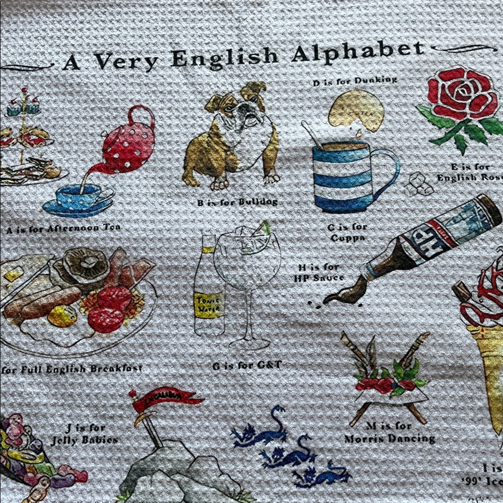 A Very English Alphabet Tea Towel - Illustrated White Cotton - Picture 3 of 7
